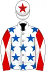 White, royal blue stars, white and red diabolo on sleeves, white cap, red star