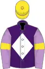 Purple, white diamond, mauve sleeves, yellow armlets, yellow cap