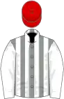 Grey and white stripes, white sleeves, red cap