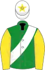 Green, white sash, yellow sleeves, white cap, yellow star