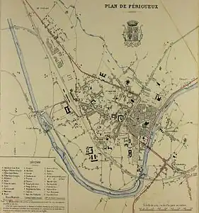 Map of the town of Périgueux in 1880.