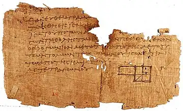 Image 43One of the oldest surviving fragments of Euclid's Elements, found at Oxyrhynchus and dated to c. 100 CE. (from History of science)