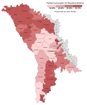 Votes won by PCRM in the April 2009 Moldovan parliamentary election by raion and municipality