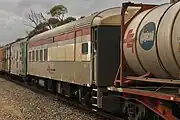 Crew car PDAY 3 (former Bluebird railcar 258 ‘Goshawk’) on a SCT intermodal train at Mallala, October 2022.