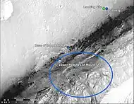 Curiosity rover landing site (green dot) - Blue dot marks Glenelg Intrigue - Blue spot marks the base of Mount Sharp - a planned area of study.