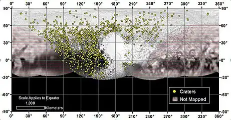 Distribution of over 1000 craters of all ages on Pluto. The variation in density indicates a long history of varying geological activity.