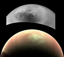 Two images of Titan's north pole, with one showing methane clouds