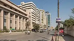 Looking east towards the MCB Tower, with the historic Karachi Cotton Exchange on the left