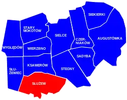 Location of Służew within the district of Mokotów, in accordance to the City Information System.