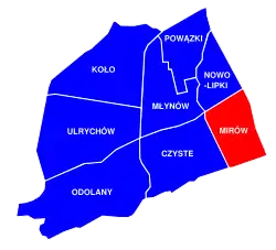 Location of Mirów neighbourhood (red) in the District of Wola (navy blue)