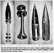 A diagram of the major components of the rocket assisted projectile (left) and pre-rifled projectile (right)