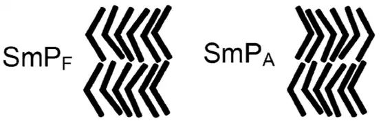 Lamellar (layer) organization of bent-rod calamitic mesogens, including the smectic PF and PA phases