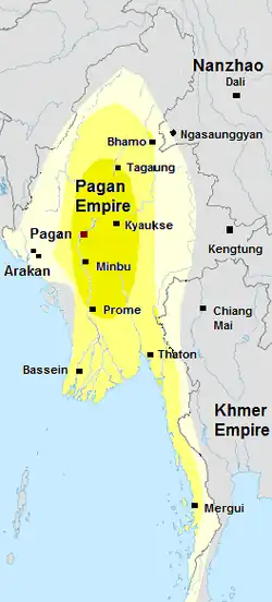 Image 10Pagan Kingdom during Narapatisithu's reign. Burmese chronicles also claim Kengtung and Chiang Mai. Core areas shown in darker yellow. Peripheral areas in light yellow. Pagan incorporated key ports of Lower Burma into its core administration by the 13th century. (from History of Myanmar)