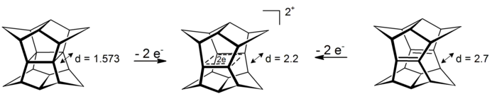 Oxidation of pagodane and dodecahedradiene to a sigma-bishomoaromatic dication. Distances in angstrom calculated at HF/3-21G level for the dication an the diene, x-ray for the neutral