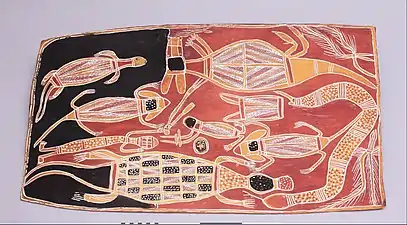 Australian aboriginal painting with lizards and snake, 1900–1970