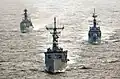 USS Reuben James leads PNS Shahjahan and PNS Tippu Sultan in Exercise Inspired Siren in the Indian Ocean in 2002.