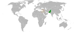 Map indicating locations of Pakistan and Palestine