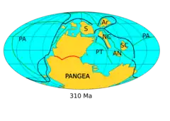 Map of continents in the Late Carboniferous showing Laurussia and Gondwana combined to form Pangea. Siberia lays to the north, Amuria to its northeast. North and South China and Annamia form the northeastern margin of the Paleo-Tethys.