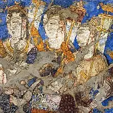 The triple-crescent crown in this Penjikent murals (top left corner), is considered as a late Hephthalite marker. 7th-early 8th century.