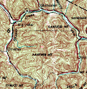 A green topographical map showing a nearly complete circular stream valley around Panther Mountain, accentuated by red lines indicating roads.