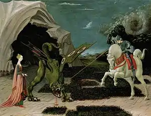 Paolo Uccello's 1470 Saint George and the Dragon, illustrating a separate legend that became confused with the story of Perseus and Andromeda, introducing a horse for the hero