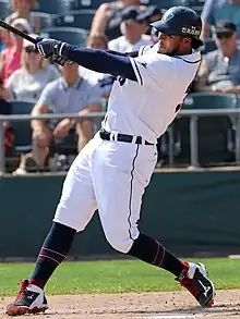 Jimmy Parades with the Somerset Patriots.  September 22, 2019.  TD Bank Park, Bridgewater, NJ.  Note the logo on the left side of the batting helmet from his time with the Doosan Bears.