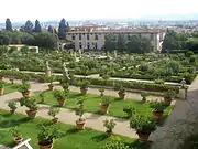 The villa and gardens seen from the upper garden. The garden plan was based on harmony and order, the principles upon which Cosimo planned to rule Florence.