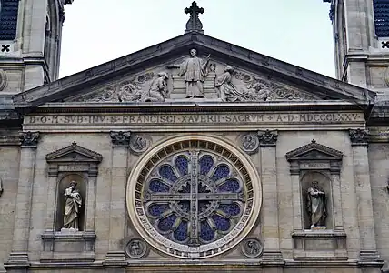 west Fronton with sculpture of "Saint Francois-Xavier preaching in Japan and India" by Gabriel-Jules Thomas