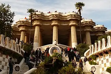 Art Nouveau Doric columns and entablature of The Greek Theatre in the Park Güell, Barcelona, Spain, by Antoni Gaudí, 1900-1914