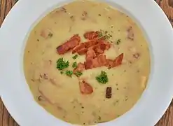 Parmesan potato soup topped with bacon