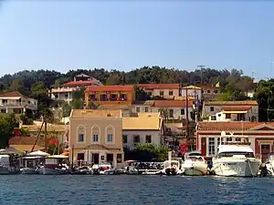 Rows of houses in Gaios, as seen from the strait