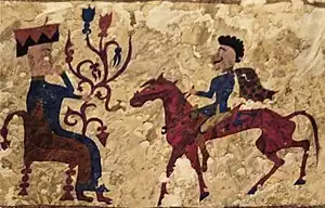 Decorated tapestry with seated goddess Tabiti and rider, Pazyryk Kurgan 5, Altai, Southern Russia c. 241 BC.