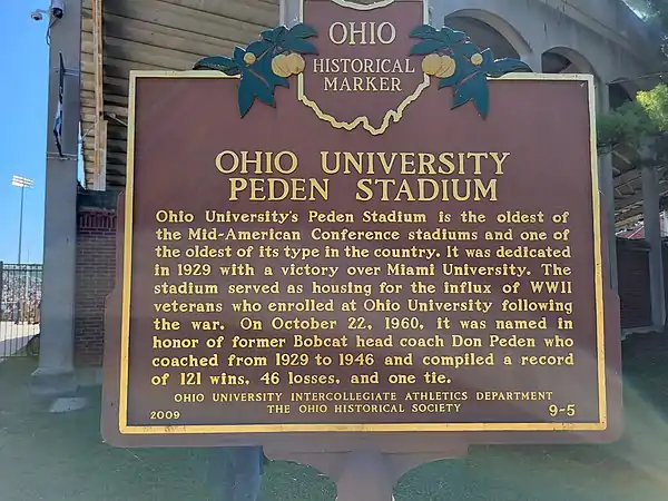 The Historical Marker at Peden Stadium in Athens, Ohio