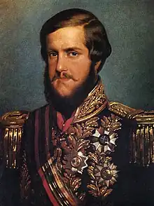 Emperor Dom Pedro II, second Grand Master of the Imperial Order of Christ, wearing the joint sash of the Brazilian Imperial Orders.