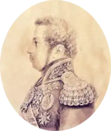 Half-length pencil or silverpoint sketch showing a young man with curly hair and long sideburns facing left who is wearing an elaborate embroidered military tunic with heavy gold epaulets, sash and medals