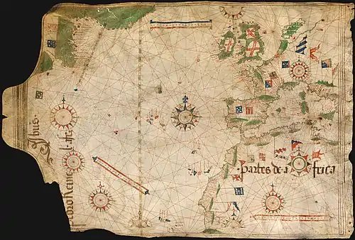 Image 23Nautical chart by Pedro Reinel (c. 1504), one of the first based on astronomical observations and to depict a scale of latitudes. (from History of cartography)