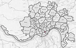 Pendleton (red) within Cincinnati, Ohio.