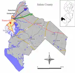 Location of Pennsville CDP in Salem County highlighted in red (left). Inset map: Location of Salem County in New Jersey highlighted in black (right).