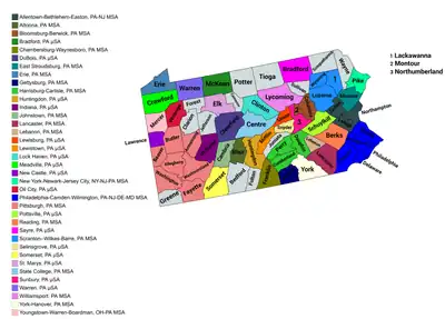 Map of the 37 core-based statistical areas in Pennsylvania