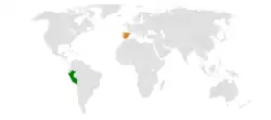 Map indicating locations of Peru and Spain