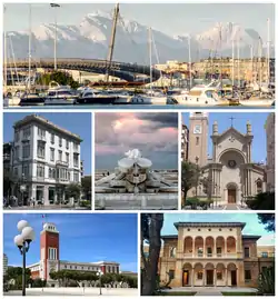 Top: port of Pescara and Gran Sasso d'ItaliaCentre: Palazzo Imperato; Fountain La Nave; and Church of the Sacred HeartBottom: Palazzo di Città; and Aurum Museum