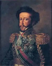 Emperor Dom Pedro I, first Grand Master of the Imperial Order of Christ and later Grand Master of the Portuguese Order of Christ, wearing the combined sash of the Brazilian Imperial Orders.