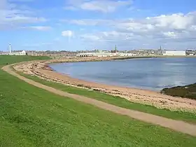 A curving bay with a town on the horizon