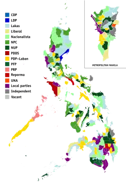 Parties that hold the seats in each congressional district in the 19th Congress of the Philippines.