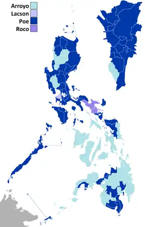 Provinces where Poe won at least a plurality are in dark blue. The Marcoses supported Poe in the election.