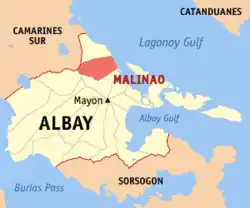 Map of Albay with Malinao highlighted