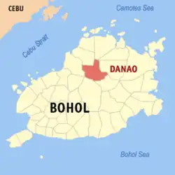 Map of Bohol with Danao highlighted