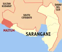 Map of Sarangani with Maitum highlighted