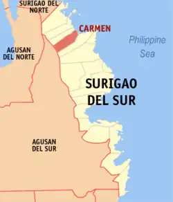 Map of Surigao del Sur with Carmen highlighted