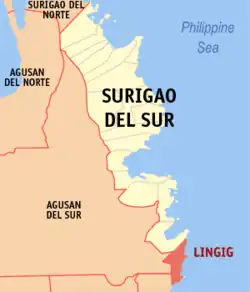 Map of Surigao del Sur with Lingig highlighted